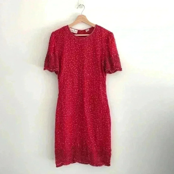 Vintage Laurence Kazar Beaded Silk Red Dress Sz M - Picture 1 of 8